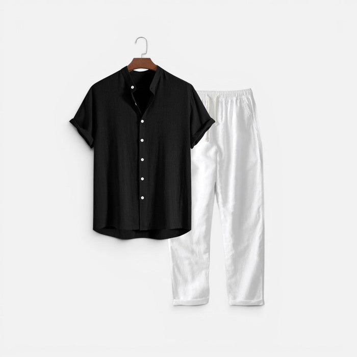 Two-piece set: short-sleeved, stand-up collar, button-front trousers 0