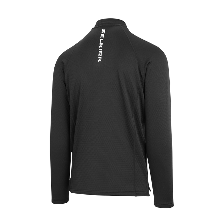 Selkirk pickleball men's quarter-zip shirt in black, white, and grey.