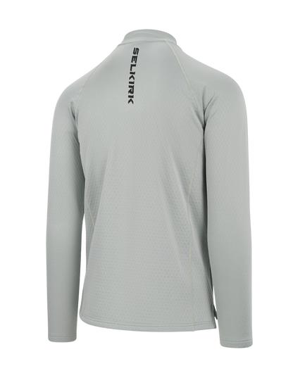 Selkirk pickleball men's quarter-zip shirt in black, white, and grey.