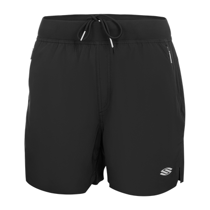 Black men's athletic shorts with drawstring waist, zippered side pockets, and a small logo on the lower left leg.