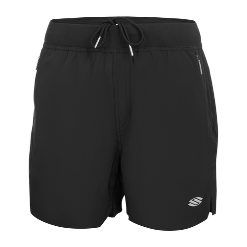 Black men's athletic shorts with drawstring waist, zippered side pockets, and a small logo on the lower left leg.