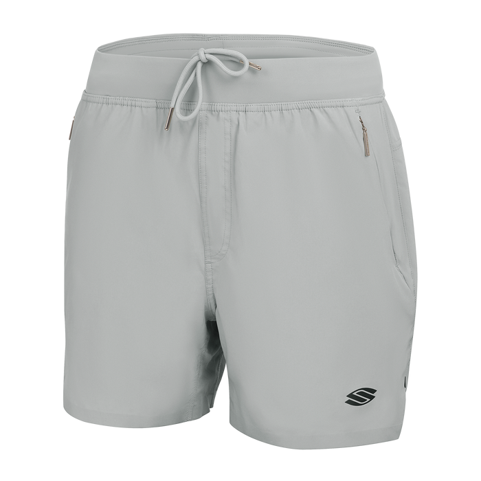 Light gray men's athletic shorts with drawstring waistband, zippered side pockets and small logo on left leg