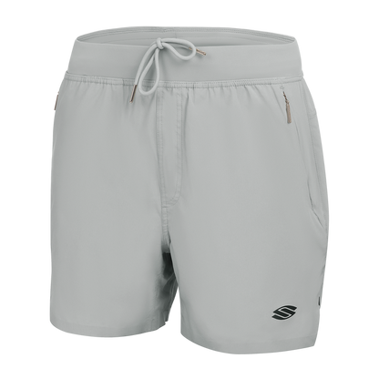 Light gray men's athletic shorts with drawstring waistband, zippered side pockets and small logo on left leg
