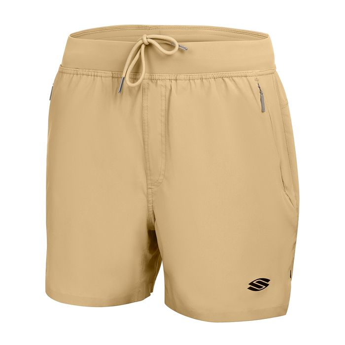 Sandstone-colored men's athletic shorts with drawstring waistband, zip pocket at right hip and small logo on left hem