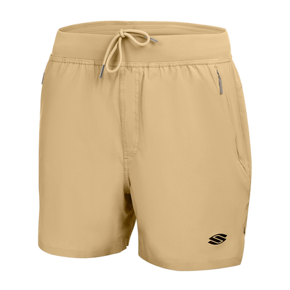 Sandstone-colored men's athletic shorts with drawstring waistband, zip pocket at right hip and small logo on left hem