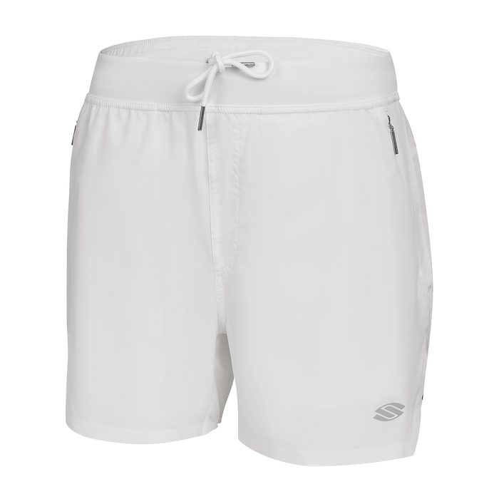 Men's white athletic shorts (Chalk Pro Line 5) with elastic waistband, drawstring, side zip pocket and reflective logo