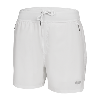 Men's white athletic shorts (Chalk Pro Line 5) with elastic waistband, drawstring, side zip pocket and reflective logo
