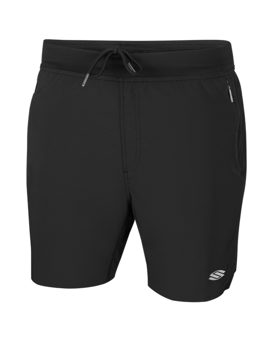 Men's black athletic swim trunks with drawstring waistband, zip side pocket, and small 'S' logo on left hem.