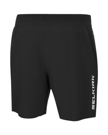 Black athletic running shorts with white vertical "SELKTRIK" logo on right leg