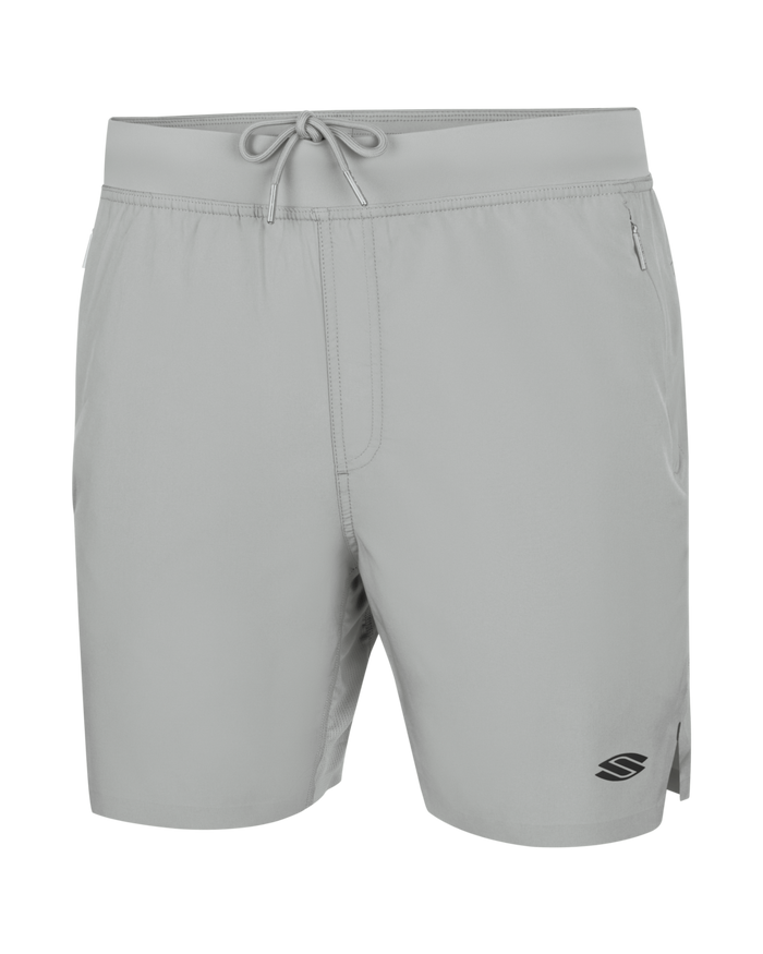 Men's light gray swim shorts with drawstring waist, zip side pockets, and small S logo on right hem.