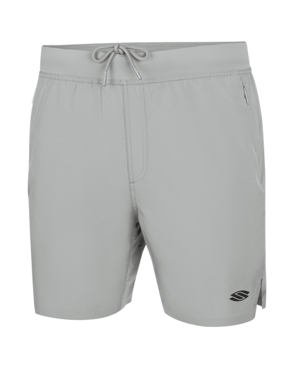 Men's light gray swim shorts with drawstring waist, zip side pockets, and small S logo on right hem.