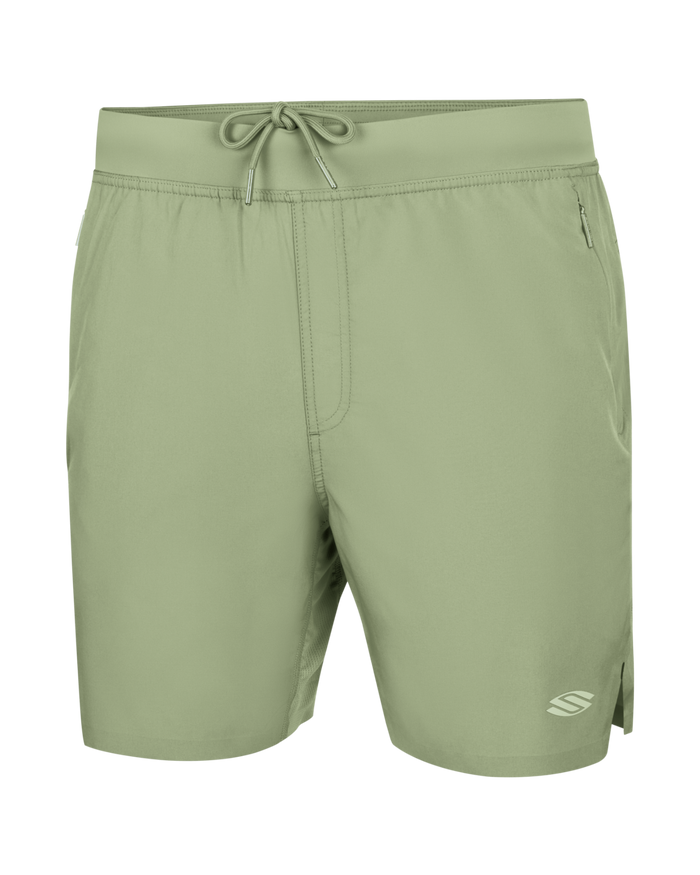 Sage-green men's swim shorts with drawstring waist, zip side pocket and small logo on left hem