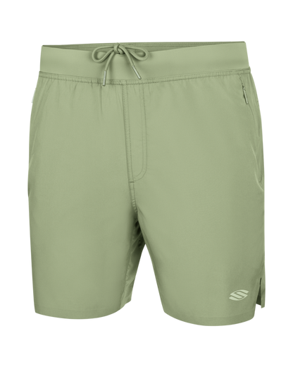 Sage-green men's swim shorts with drawstring waist, zip side pocket and small logo on left hem