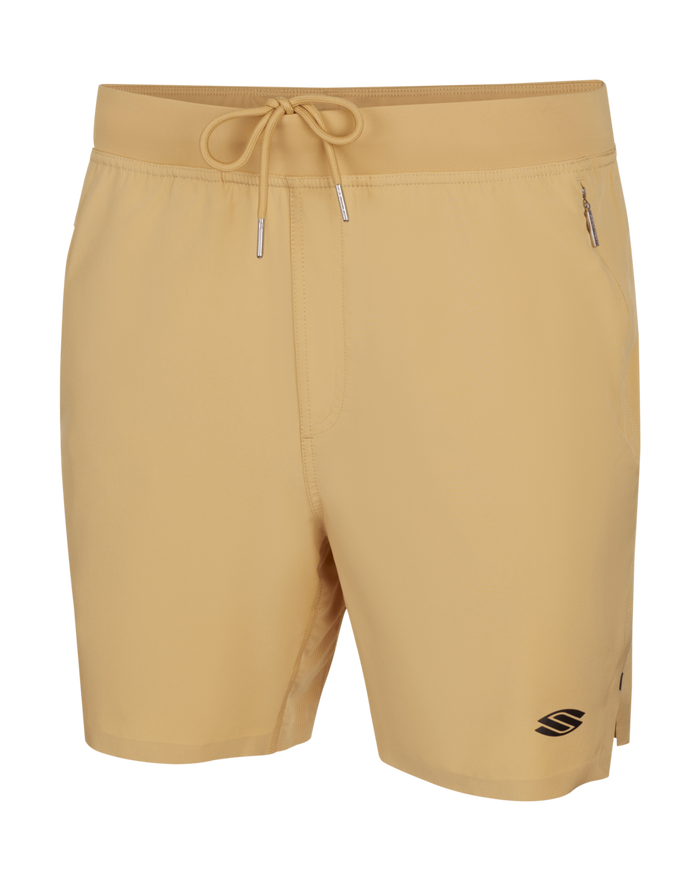 Front view of Men’s Pro Line 7-inch Pickleball Shorts in tan with drawstring waist and zippered pockets