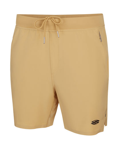 Front view of Men’s Pro Line 7-inch Pickleball Shorts in tan with drawstring waist and zippered pockets