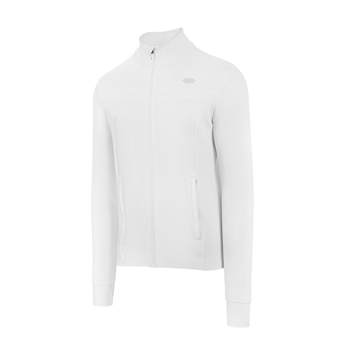 White full-zip athletic jacket with stand collar, side pockets, and small logo on left chest.