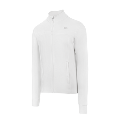 White full-zip athletic jacket with stand collar, side pockets, and small logo on left chest.