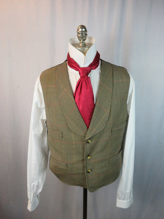Men's Shawl Vest - Brown Mini Check Houndstooth with Red and Bronze Windowpane 11280