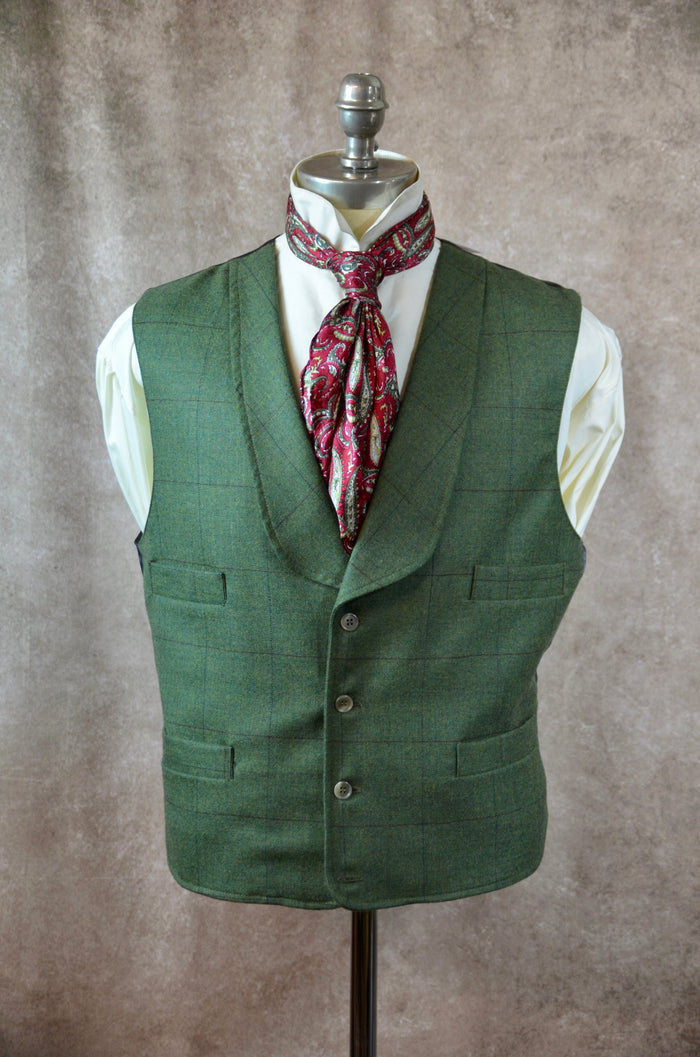 Men's Shawl Vest - Green with Rust and Blue Windowpane 294b