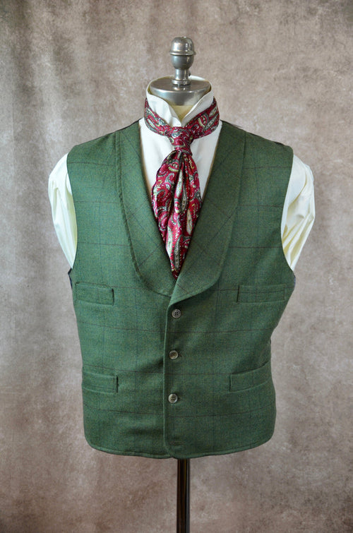 Men's Shawl Vest - Green with Rust and Blue Windowpane 294b
