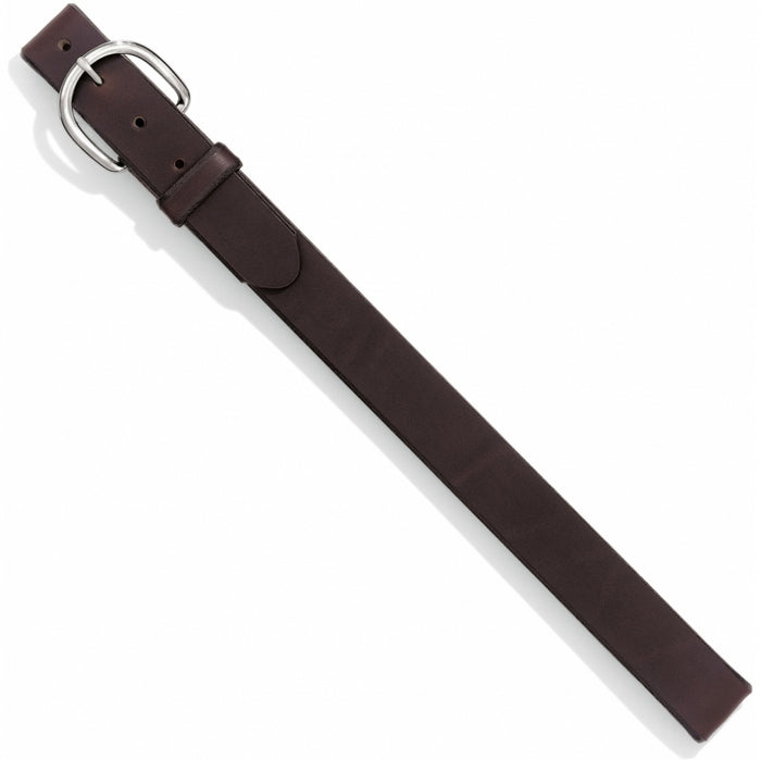Men's brown leather belt with a silver-plated buckle.