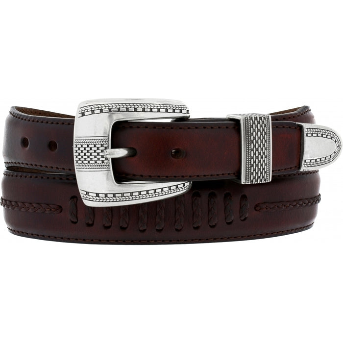 A finely etched, antique washed silver-plate buckle and keepers design give this brown leather belt a refined look. Front View