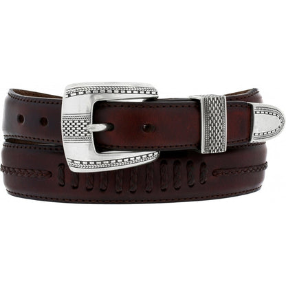 A finely etched, antique washed silver-plate buckle and keepers design give this brown leather belt a refined look. Front View