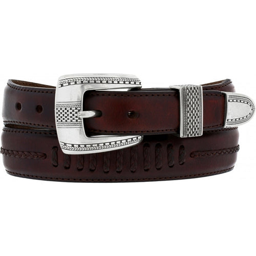 A finely etched, antique washed silver-plate buckle and keepers design give this brown leather belt a refined look. Front View