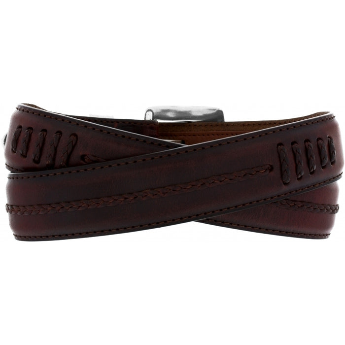 A finely etched, antique washed silver-plate buckle and keepers design give this brown leather belt a refined look. Rear View
