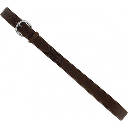 A brown genuine leather belt with a brass finish buckle and stitching detail. Aerial view laid flat.