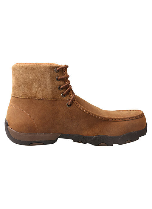 A instep side view of a men's brown Twisted X work boot with alloy toe and distressed leather upper.