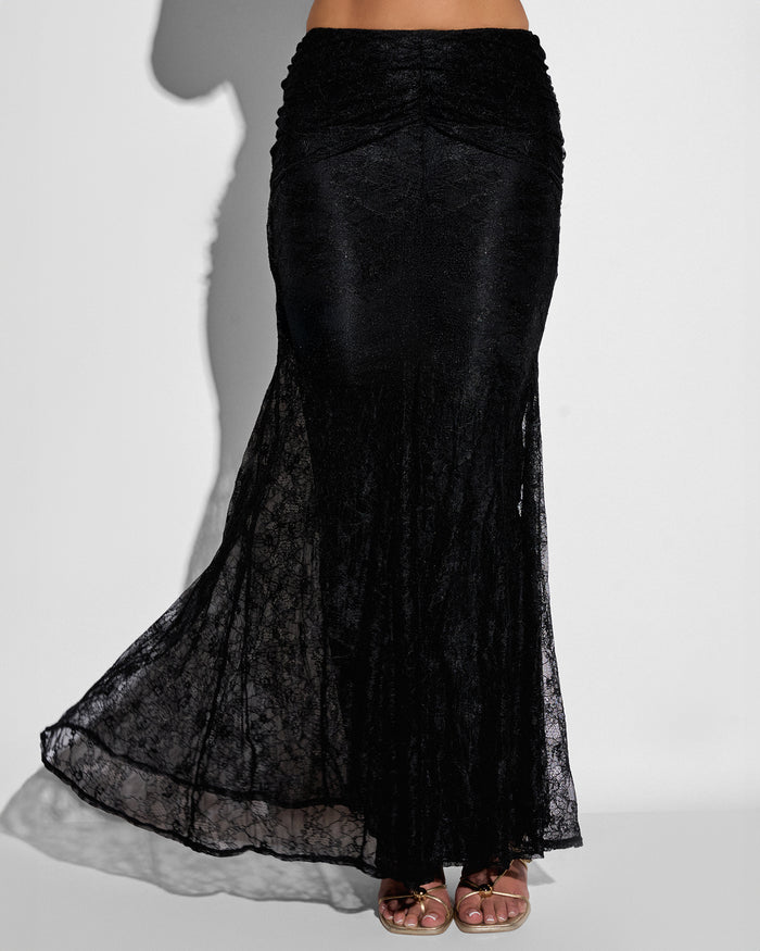 Close up of Mermaid Maxi Skirty - Lace Black flared out on model