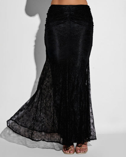 Close up of Mermaid Maxi Skirty - Lace Black flared out on model