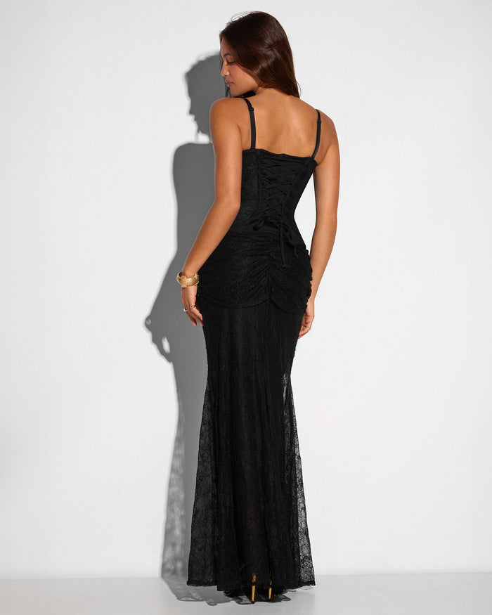Model wearing Mermaid Maxi Skirty - Lace Black back view