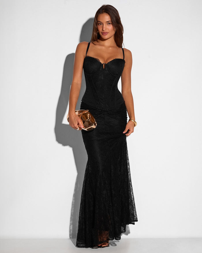 Full body front view of model wearing Mermaid Maxi Skirty - Lace Black as a set