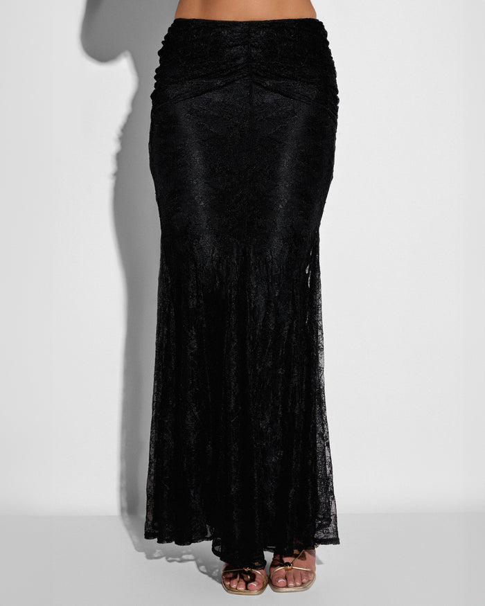 Close up shot of Mermaid Maxi Skirty - Lace Black on model
