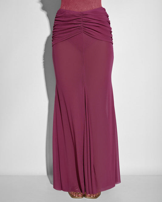 Close up of model wearing Mermaid Sheer Maxi Skirty - Mesh Dark Rose