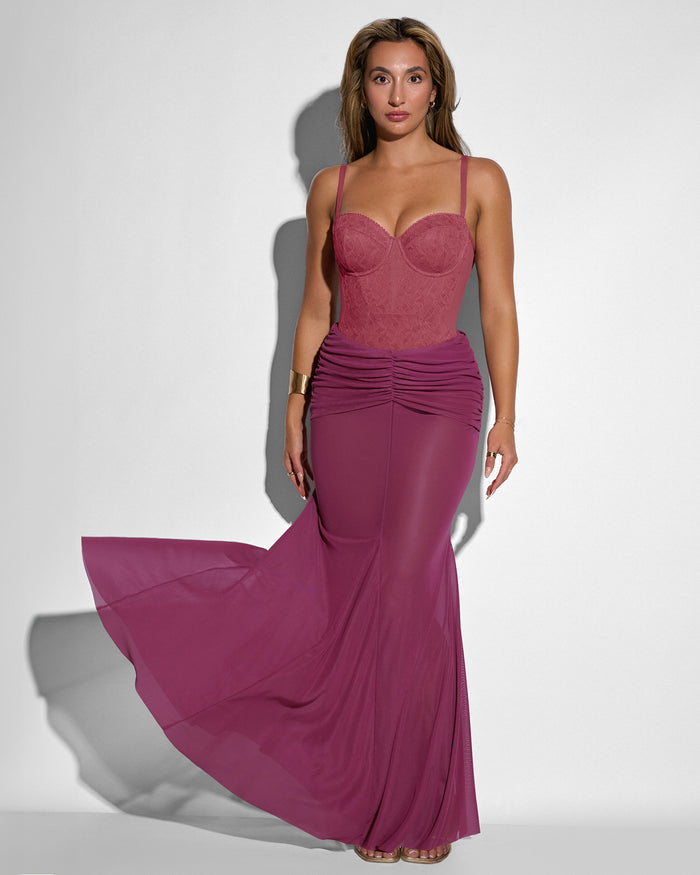 Model in Mermaid Sheer Maxi Skirty - Mesh Dark Rose with skirt flowing in wind