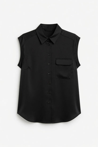 A black sleeveless button-up shirt with a pointed collar, a chest pocket, and side pockets, shown against a plain white background.