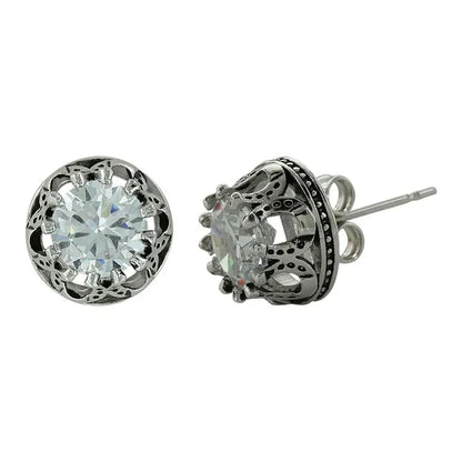 Pair of silver earrings with clear gemstones on a white background