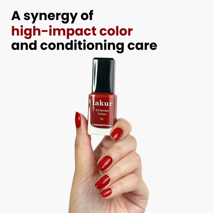 A hand with red nails holds a bottle of LONDONTOWN nail polish. Text reads: "Mull It Over combines high-impact burgundy color with conditioning care.
