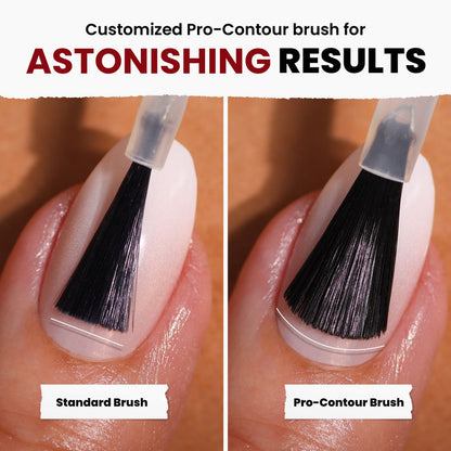 A side-by-side comparison of LONDONTOWN Mull It Over nail polish shows the standard brush versus the Pro-Contour brush, each with unique bristle shapes for improved coverage. The rich burgundy hue accentuates the precision of every stroke.
.