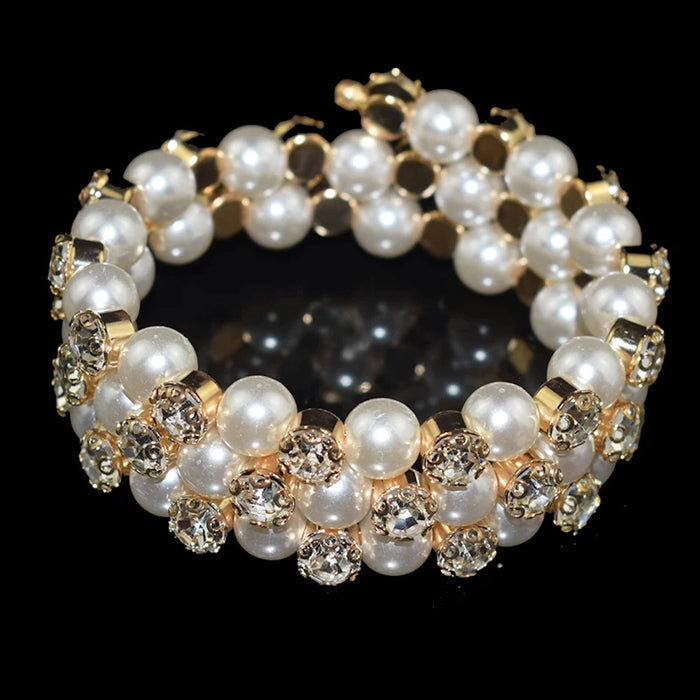Multi-Row Faux Pearl Wrap Gold Plated Crystal Accented Statement Cuff Bracelet