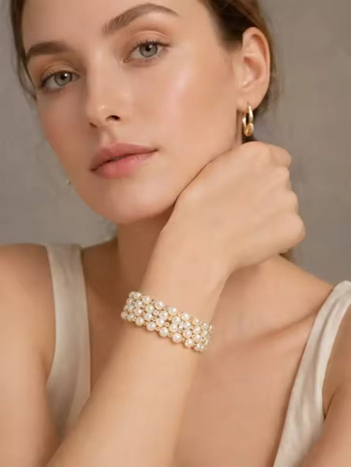 Multi-Row Faux Pearl Wrap Gold Plated Crystal Accented Statement Cuff Bracelet