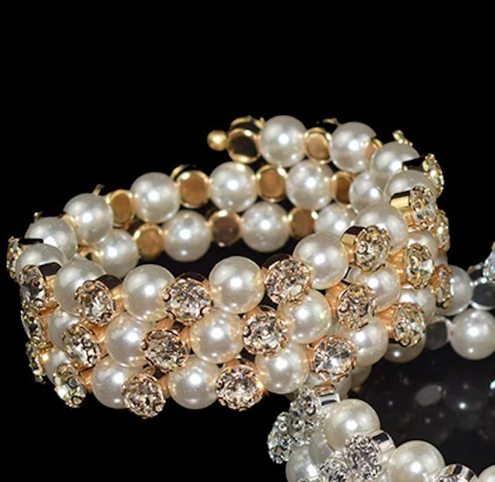 Multi-Row Faux Pearl Wrap Gold Plated Crystal Accented Statement Cuff Bracelet