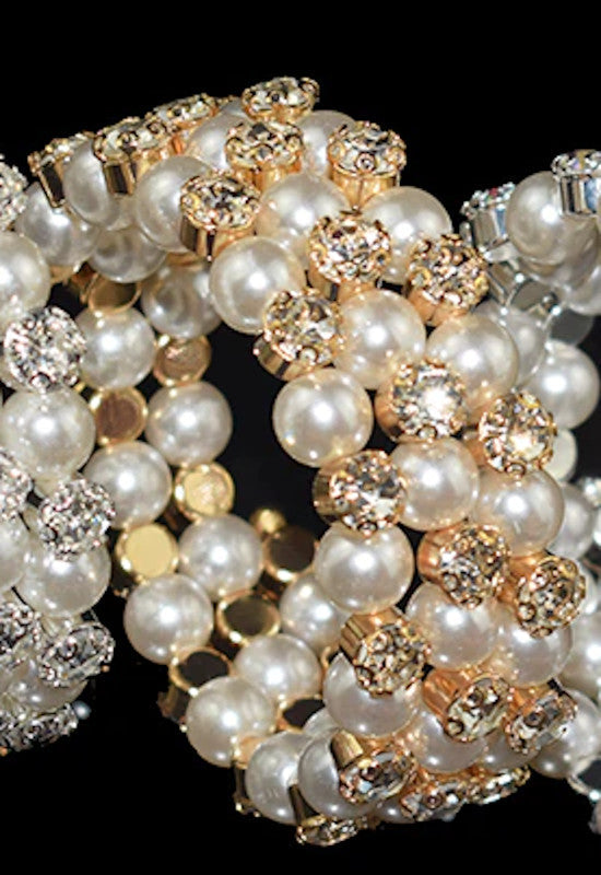 Multi-Row Faux Pearl Wrap Gold Plated Crystal Accented Statement Cuff Bracelet