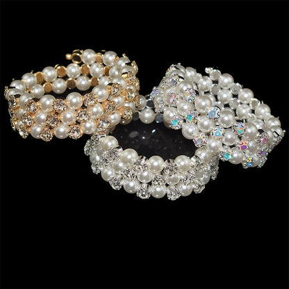 Multi-Row Faux Pearl Wrap Gold Plated Crystal Accented Statement Cuff Bracelet