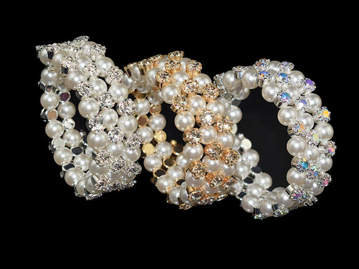 Multi-Row Faux Pearl Wrap Gold Plated Crystal Accented Statement Cuff Bracelet