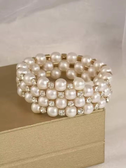 Multi-Row Faux Pearl Wrap Gold Plated Crystal Accented Statement Cuff Bracelet