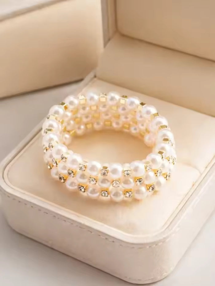 Multi-Row Faux Pearl Wrap Gold Plated Crystal Accented Statement Cuff Bracelet